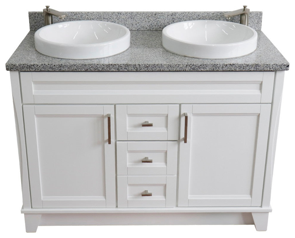 48" Double Sink Vanity, White Finish With Gray Granite And Round Sink