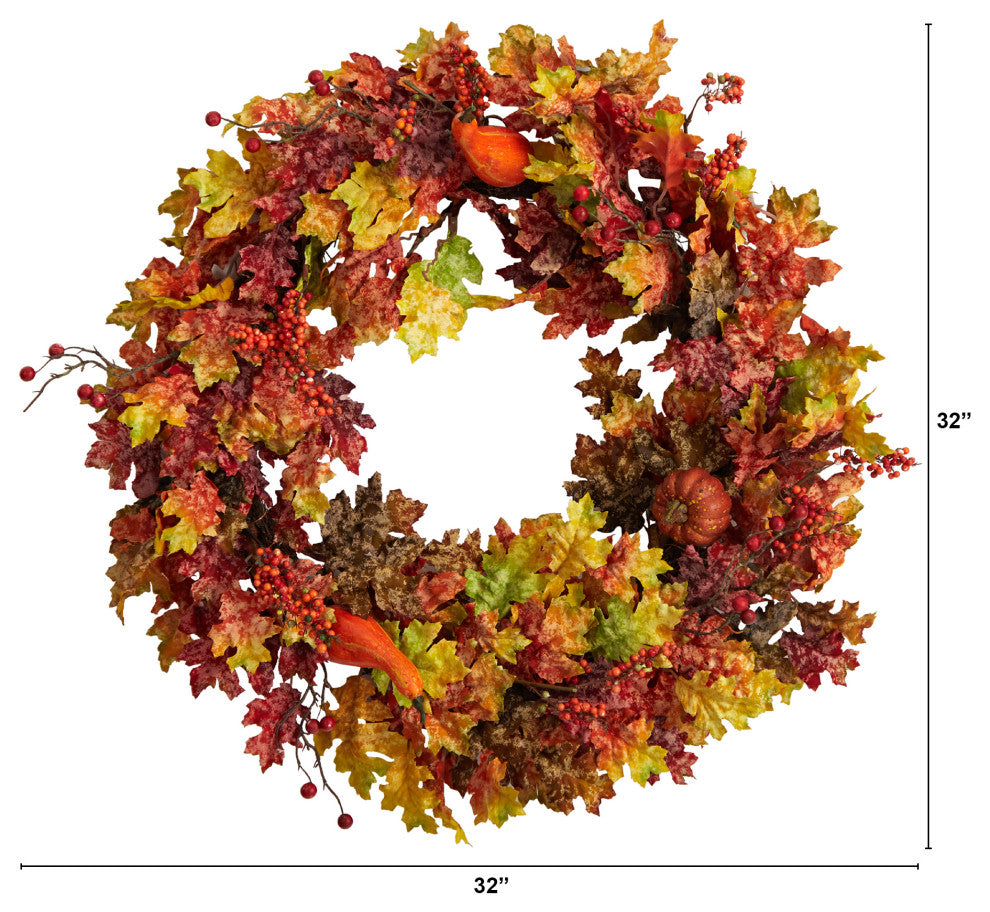 32" Autumn Oak Leaf, Berries and Pumpkin Artificial Autumn Wreath