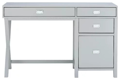 Contemporary Desk, X-Leg & 4 Spacious Drawers With Metal Pull Handles, Gray