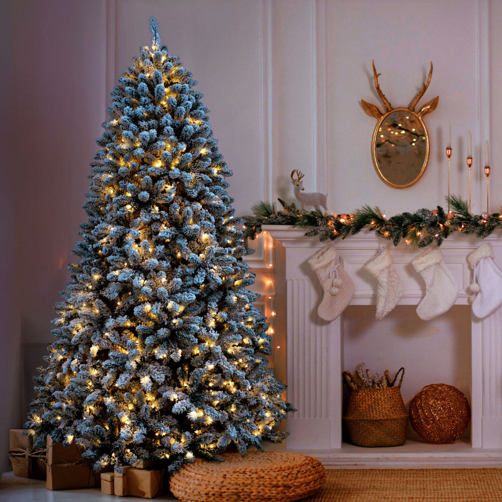 9-Ft. Flocked Winter Snow Pine Christmas Tree, Warm White LED Lighting