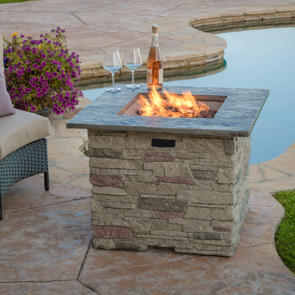 GDF Studio Heritage 32" Stone Square Fire Pit With Counter Top, Gray