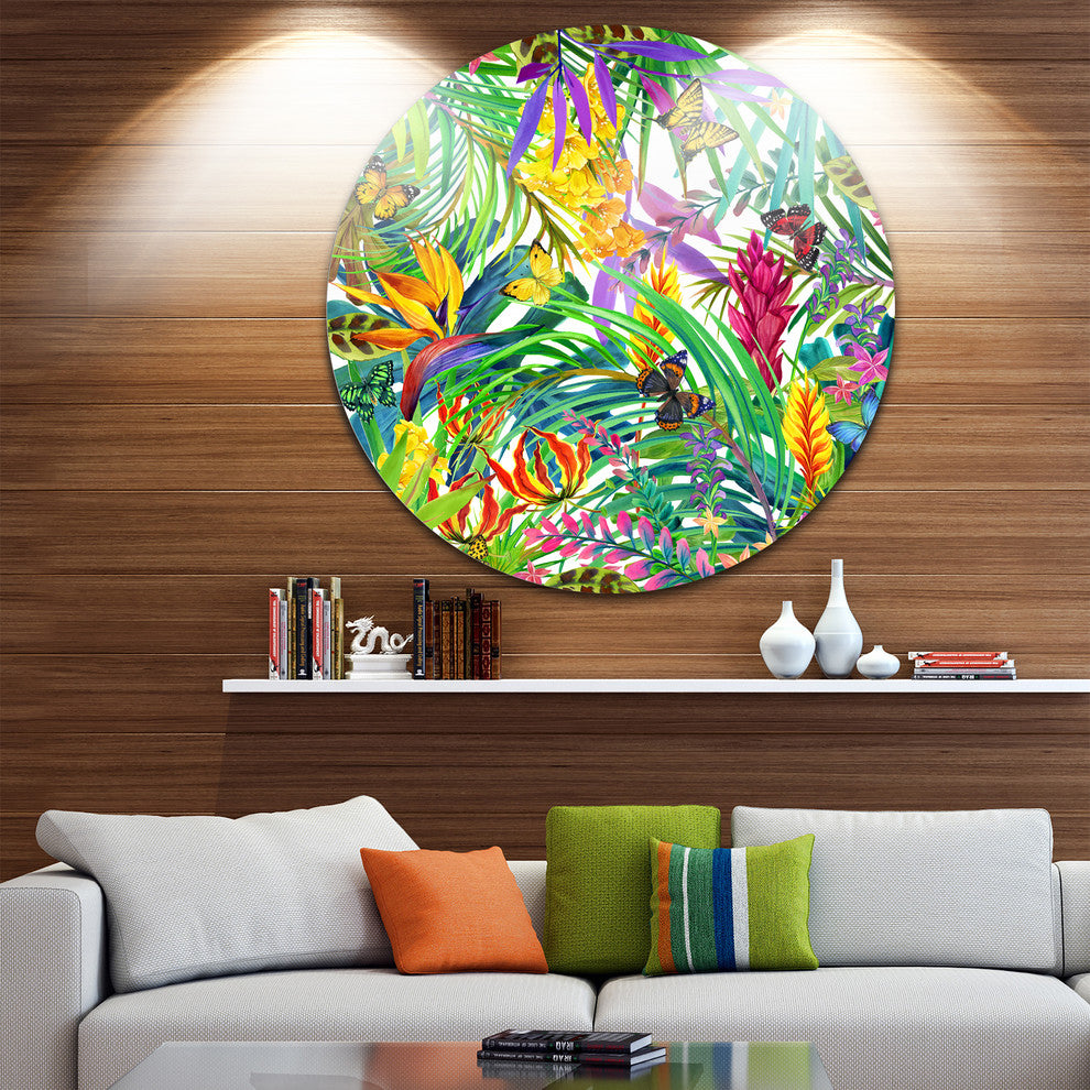 Tropical Leaves And Flowers, Floral Large Disc Metal Wall Art, 23"