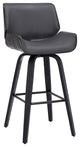 30" Gray and Black Faux Leather and Iron Bar Height Swivel Bar Chair