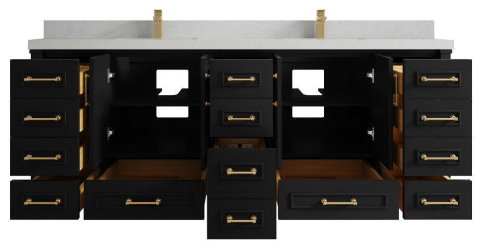 Aberdeen 84 Double Sink Bath Vanity in Black 2" Carrara Quartz
