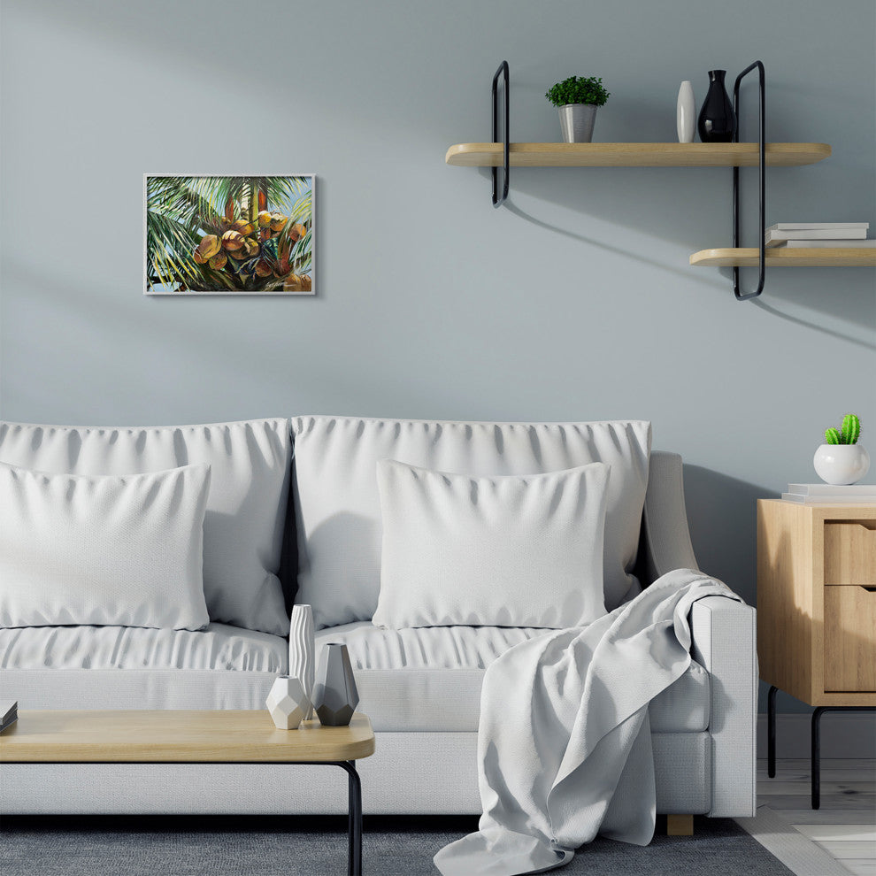 Tropical Palm Coconuts Green Yellow Painting, 11"x14", Gray Frame