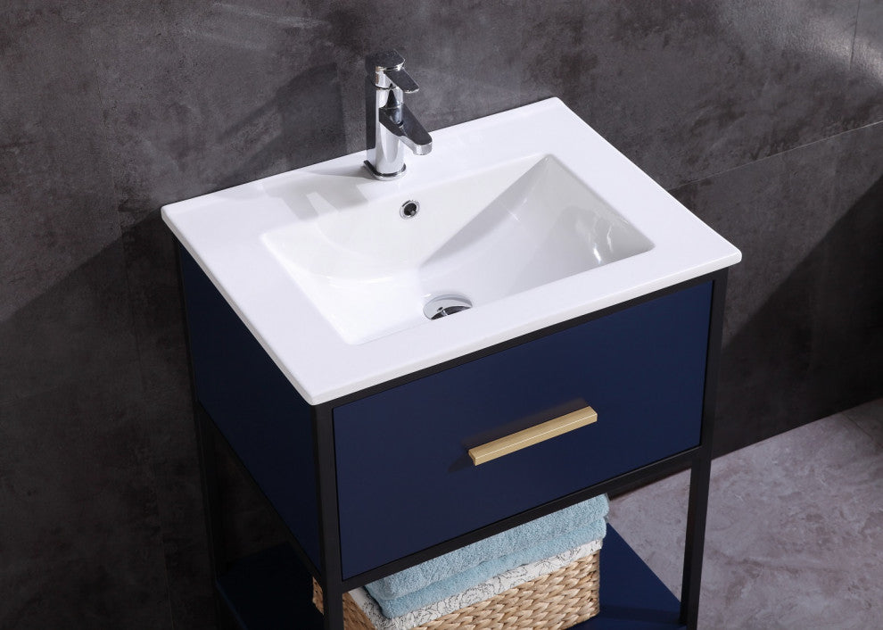 24" Blue Finish Sink Vanity With Black Metal Frame, PVC