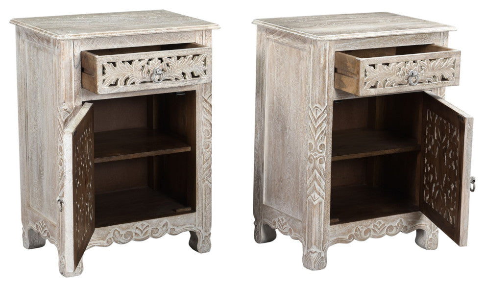 Delaney Carved 1 Door Nightstand, Sand White, Right