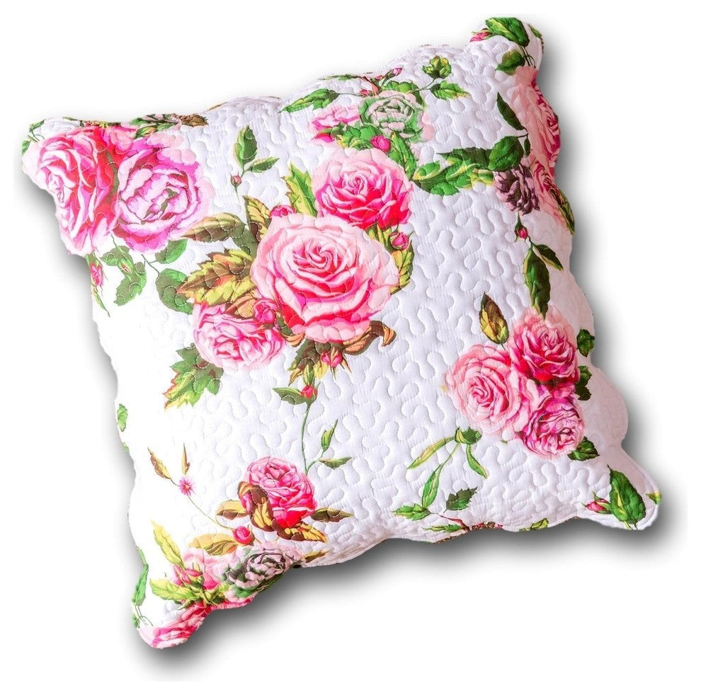 Romantic Roses Spring Floral Pink Scalloped Euro Pillow Sham Cover, 26" x 26"