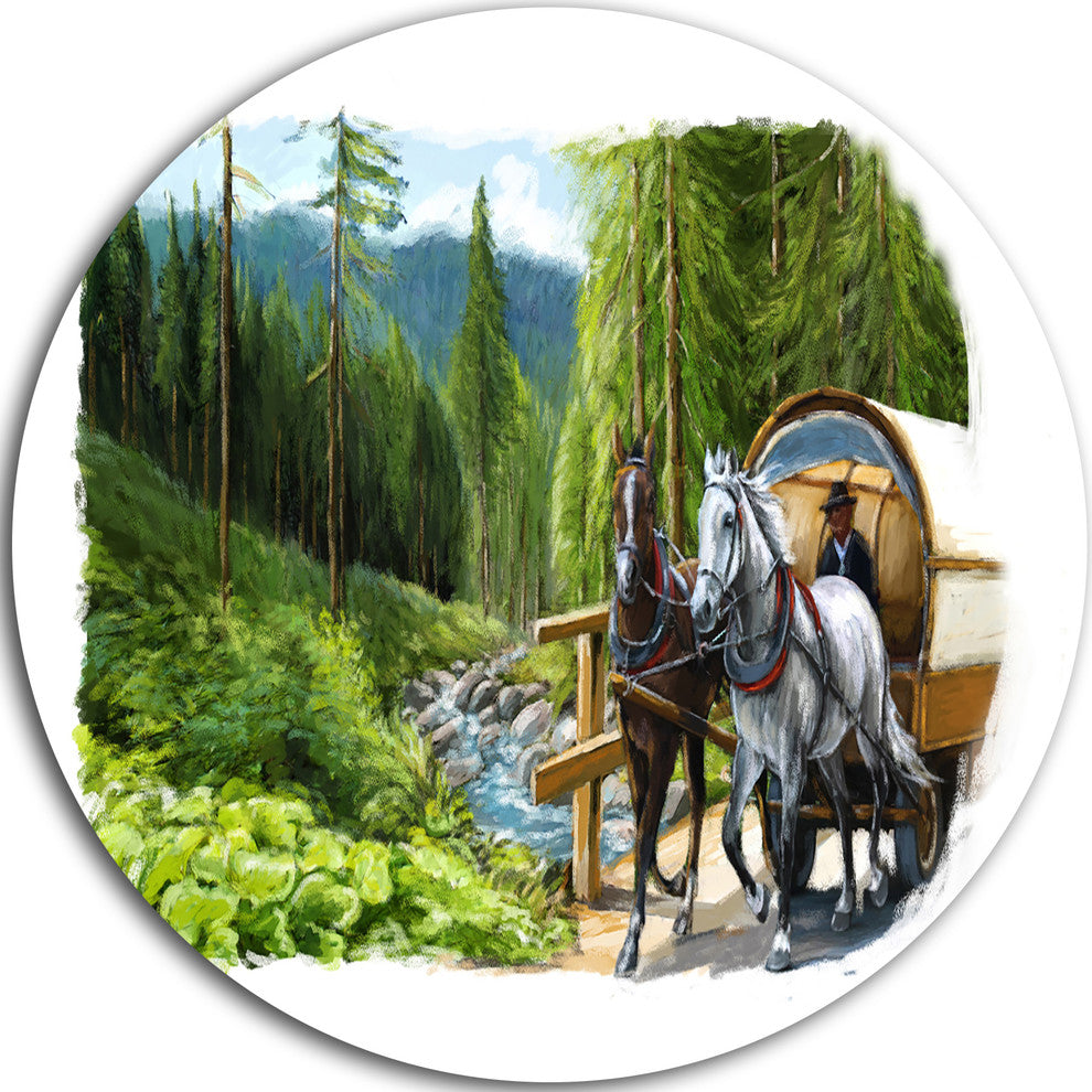 Green Landscape With Horse, Digital Art Disc Metal Artwork, 11"