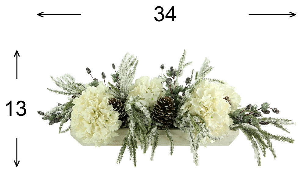 Evergreen Holiday Centerpiece with Berries, Cream Hydrangea Arrangement