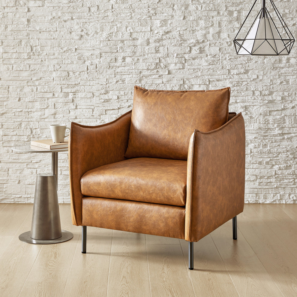 Traditional Leather Armchair With Metal Legs, Camel