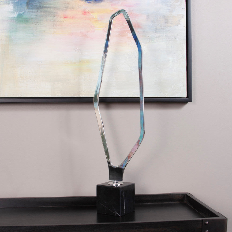 Tall Chrome Geometric Sculpture on Black Marble Base