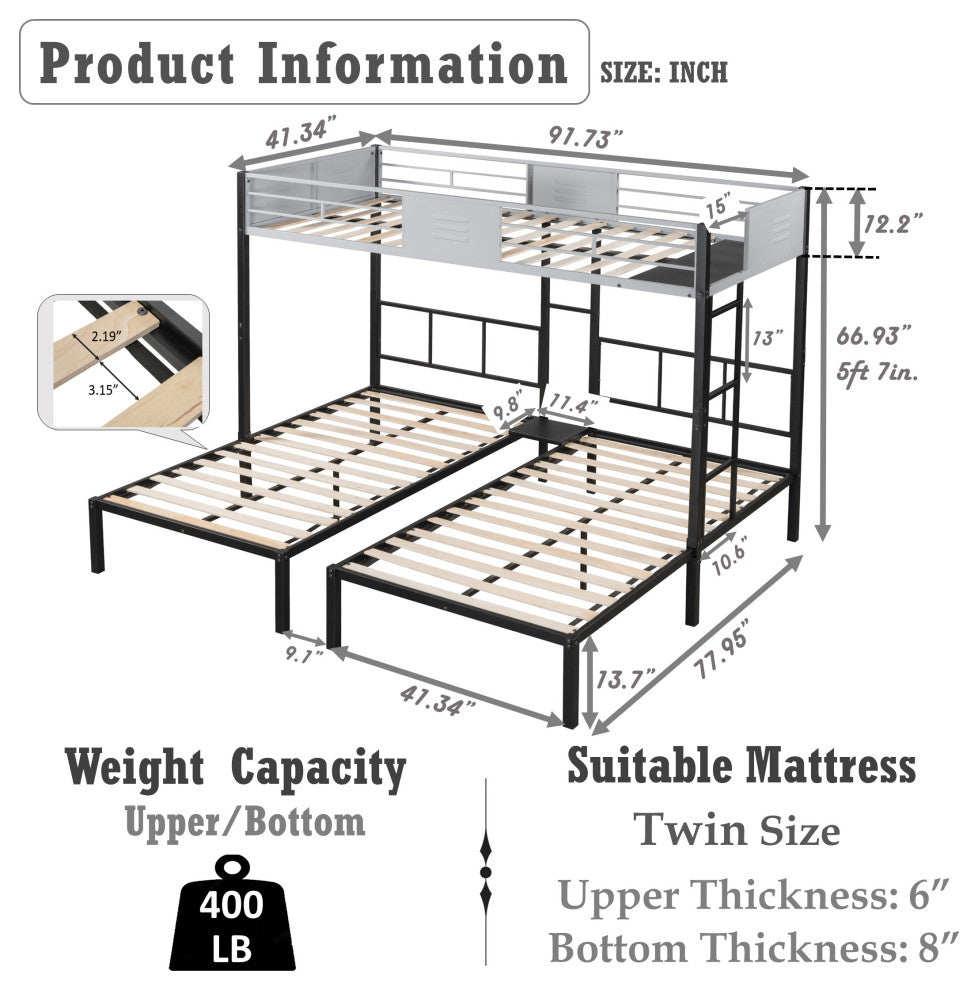 Gewnee Triple Bunk Bed with Vent Board/ Sturdy Metal Frame