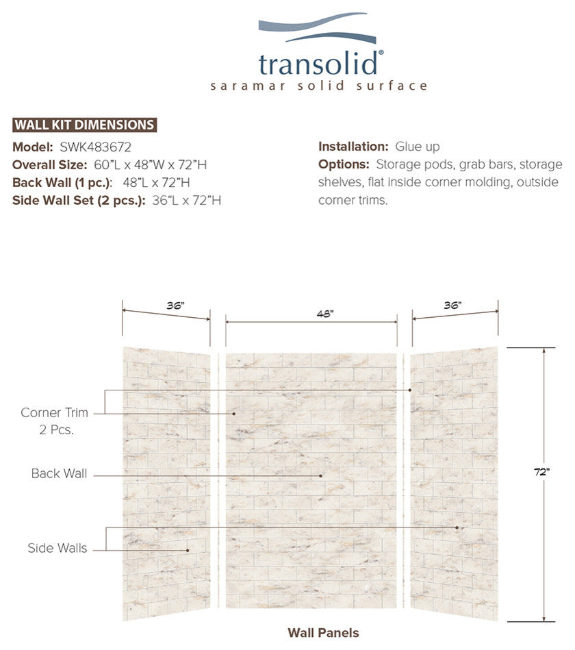 Transolid SaraMar 36"x48"x72" 3-Piece Shower Wall Kit, Biscotti Marble