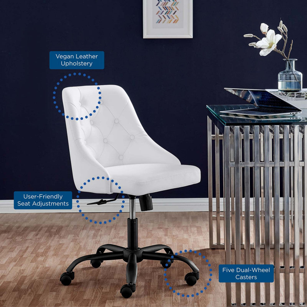 Computer Work Swivel Tufted Chair, Faux Vegan Leather, Black White, Home Office