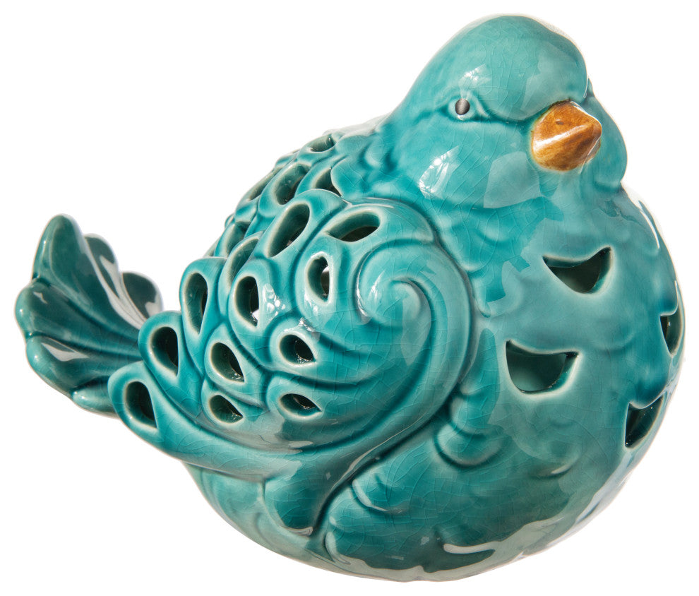 Ceramic Sitting Bird Figurine with Cutout Design Gloss Baby Blue Finish