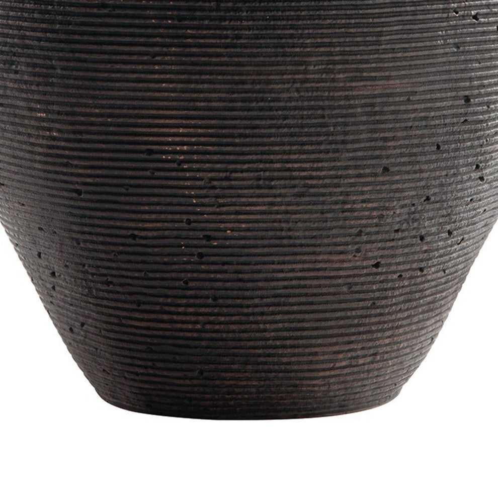 Benzara BM283063 17" Polyresin Vase, Tightly Ribbed Texture, Antique Brown