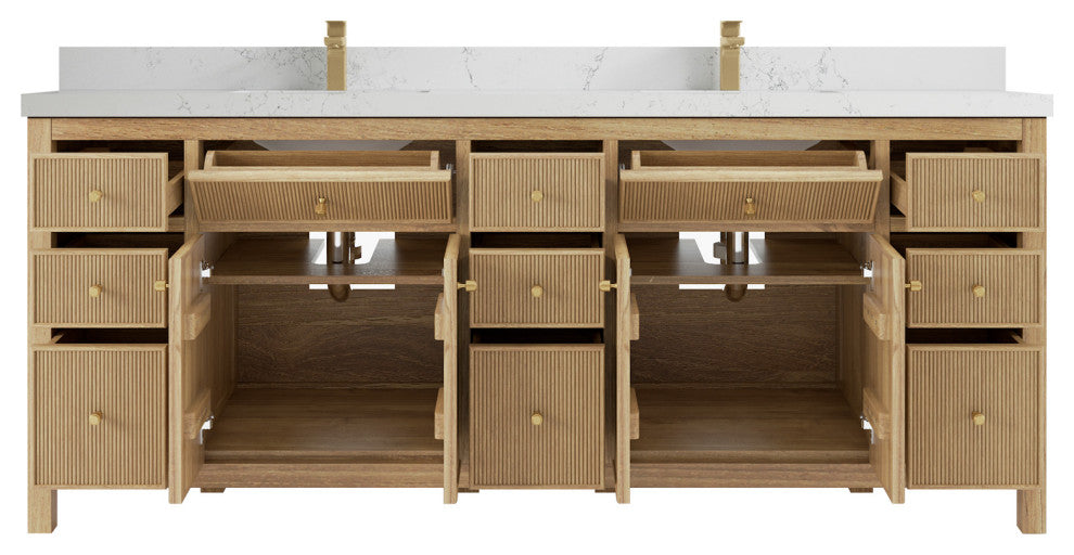 Sonoma 84 Double Sink Bath Vanity in Light Natural Teak with 2" Empira Quartz