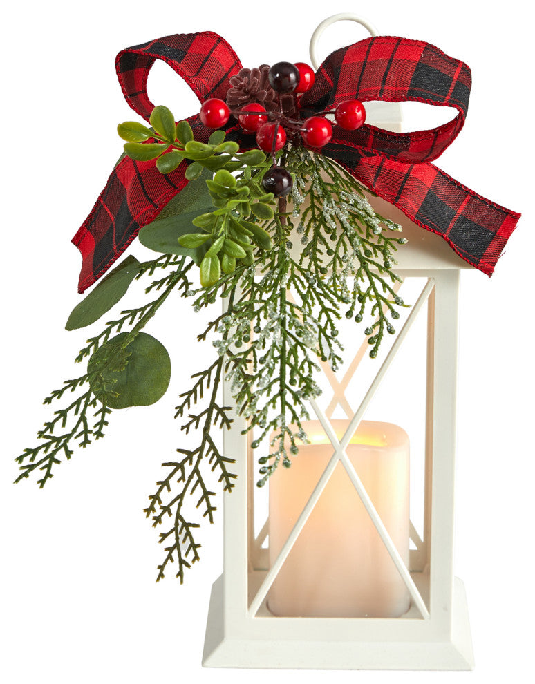 12" Holiday White Lantern Artificial Christmas Table Arrangement With LED Candle