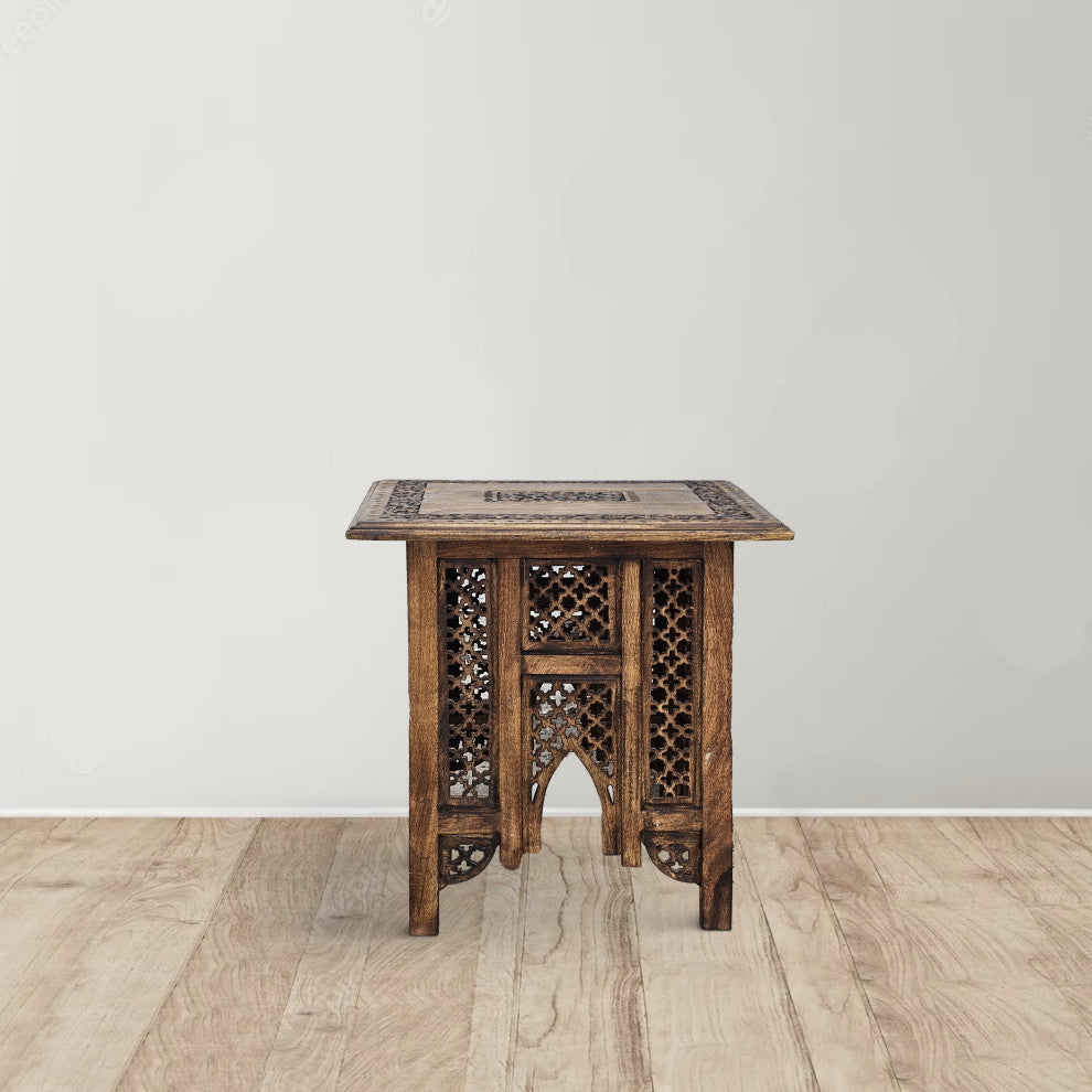 21" Boho End Table Floral Carved Foldable Panel Legs Walnut Brown