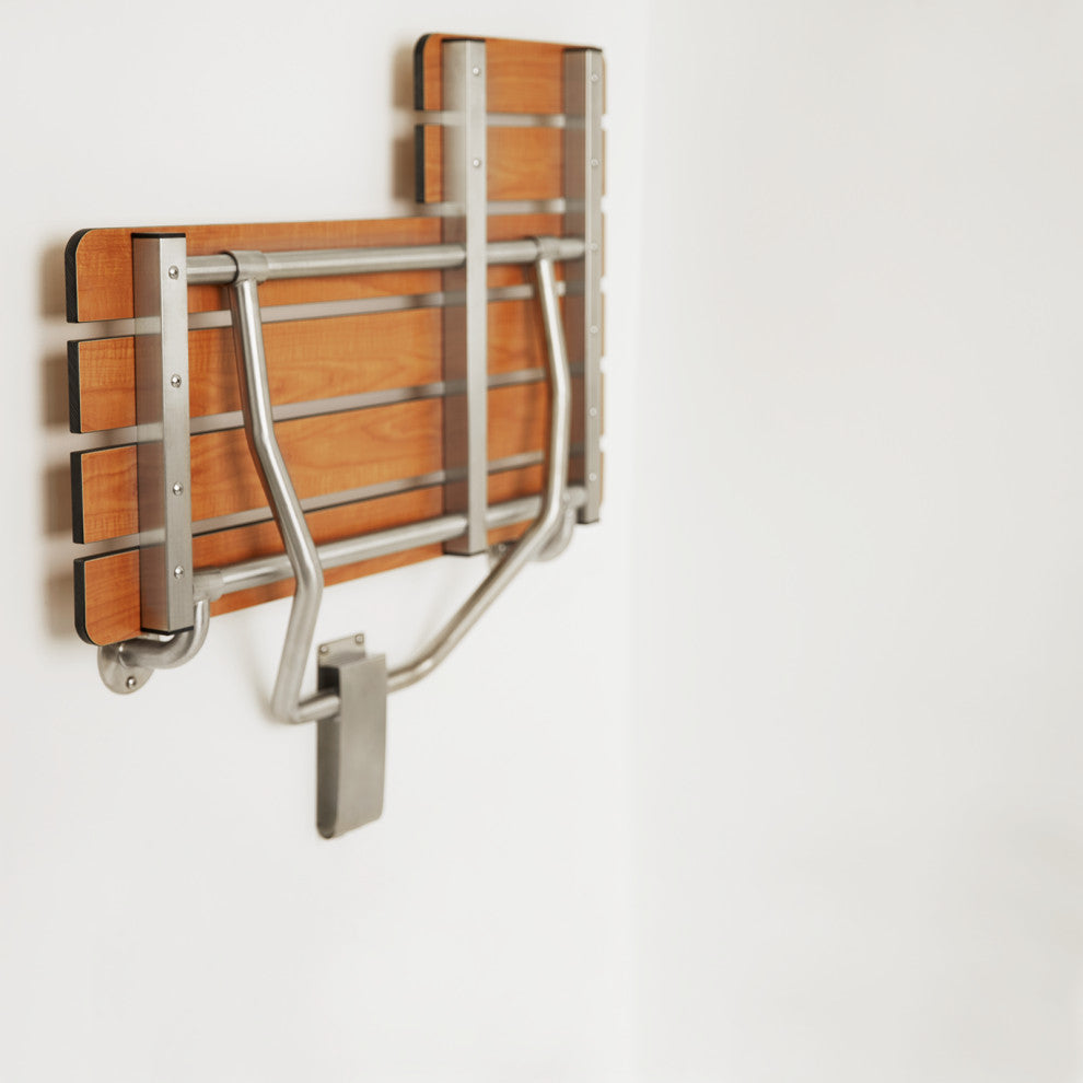ADA Wall Mount Folding Teak Phenolic Transfer Bench Shower Seat, Left-Handed 26"