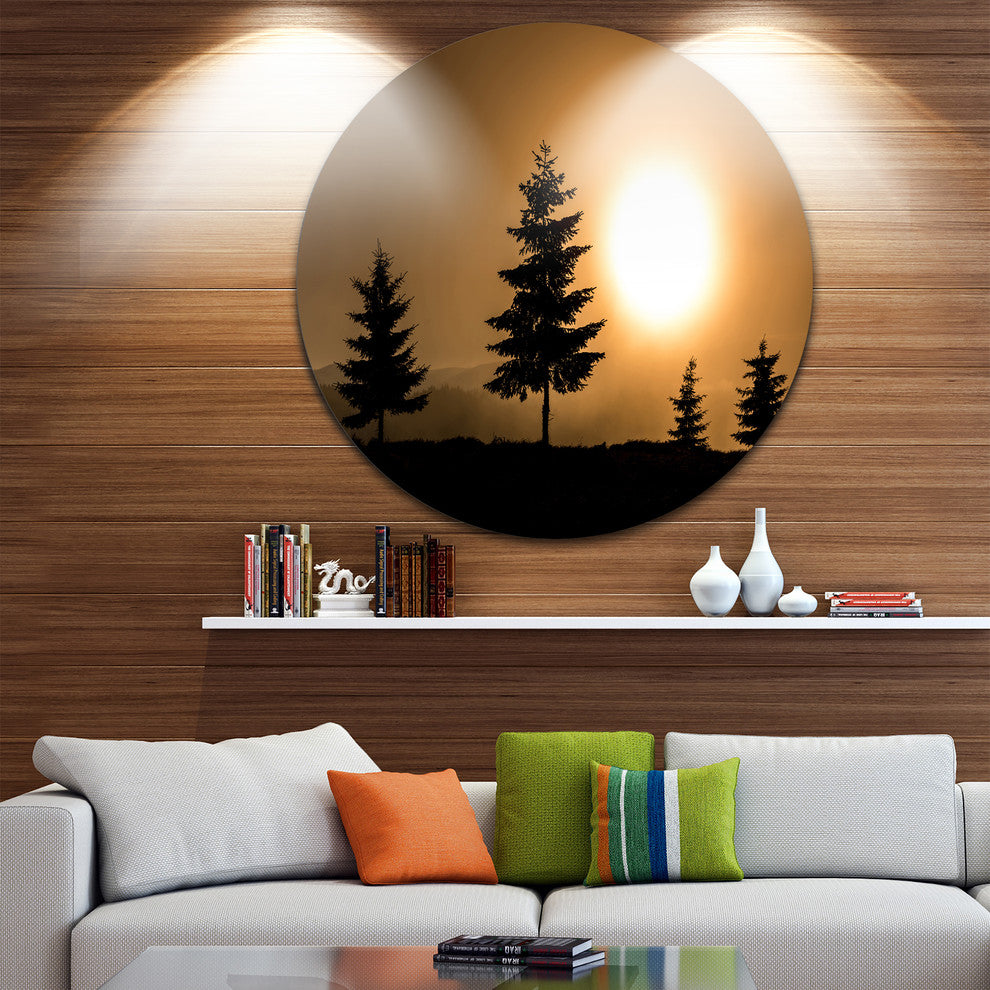 Bright Sunrise Tree Silhouette, Landscape Round Wall Art, 11"