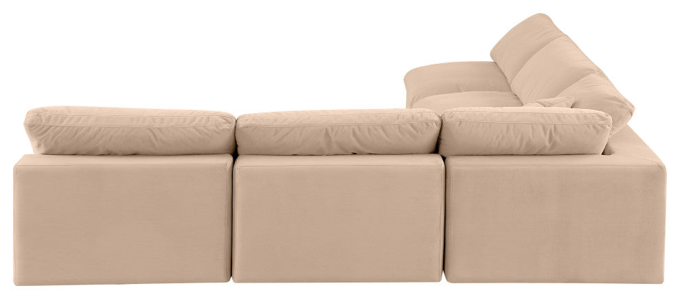 Comfy Upholstered L-Shaped Modular Sectional, Beige, 5-Piece: 4 Armless Chair, 1 Corner Chair, Velvet