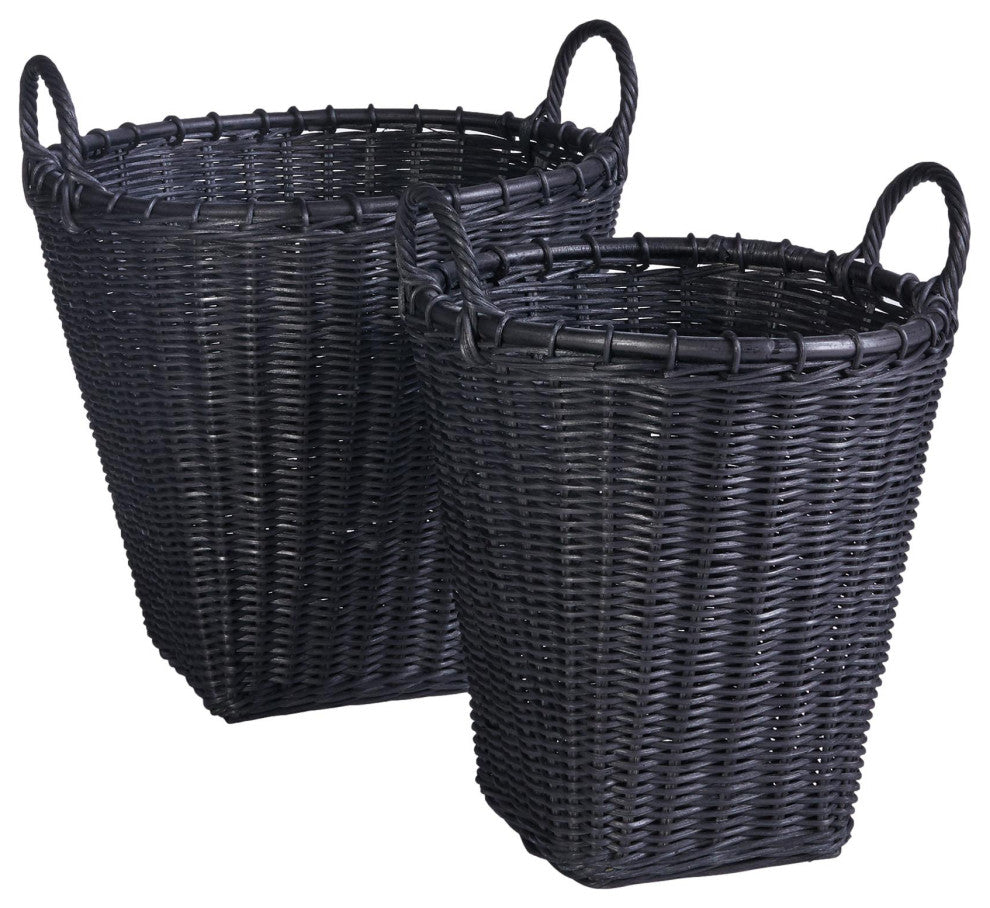 Set of 2 Large Black Rattan Storage Baskets Round Planter Cachepot 21 18 in