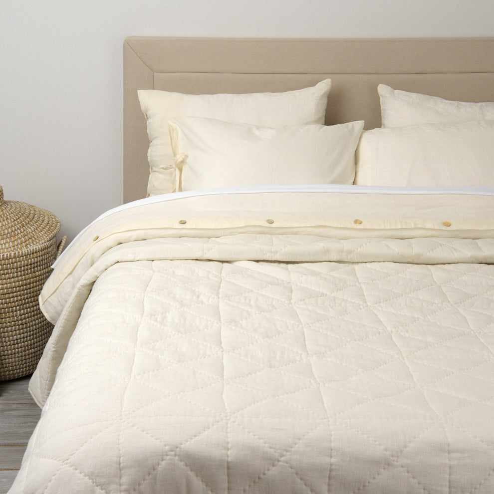 Linen and Cotton Square Quilt, White, Queen