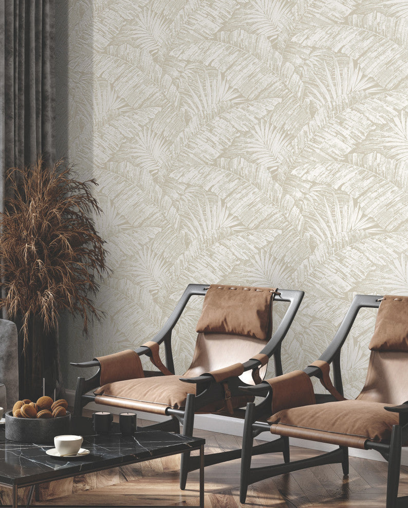 Palm Cove Toile White and Taupe Wallpaper