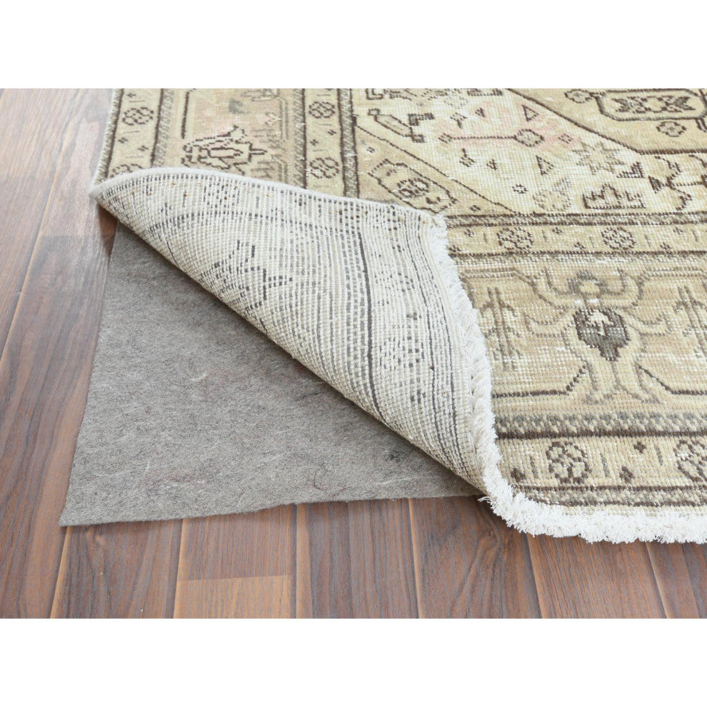 Worn Wool Hand Knotted Ivory Vintage White Wash Persian Tabriz Rug, 6'3" x 9'0"