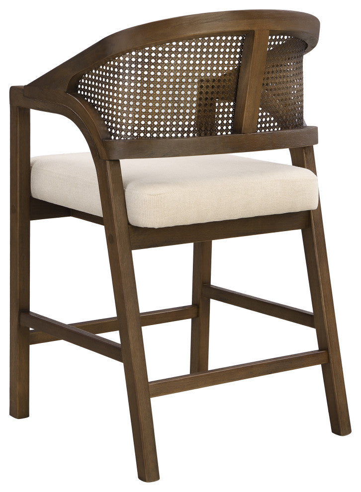 GDF Studio Rattan Back 24.25" Counter Stools, Wooden Frame, Walnut + Beige, Set of 2
