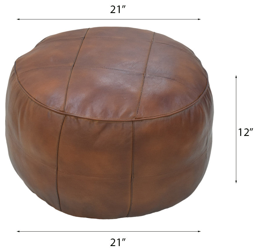 Geometric Handmade Leather Pouf, Recycled Foam With Fiber Fill, Cognac Color, Round, 21x21x12