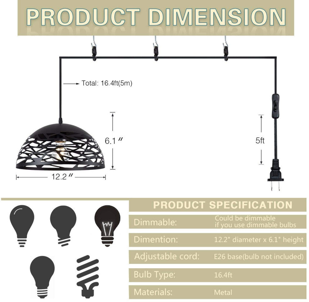 Modern Black Hanging Light Plug in Pendant Light Fixture