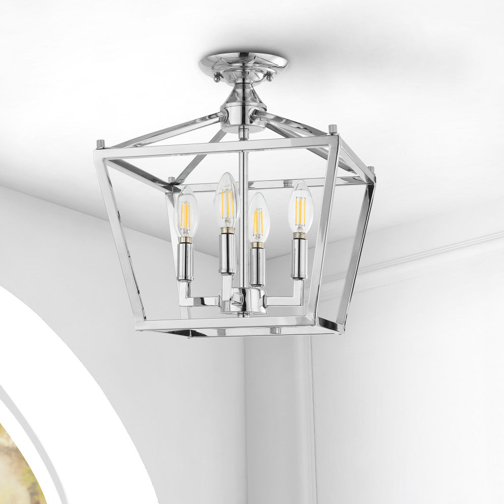 Plains Mini Lantern 12" 4-Light Iron Farmhouse LED Flush Mount, Chrome