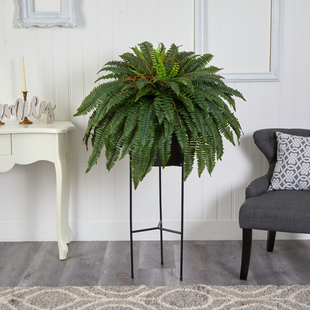 51" Boston Fern Artificial Plant, Black Planter With Stand