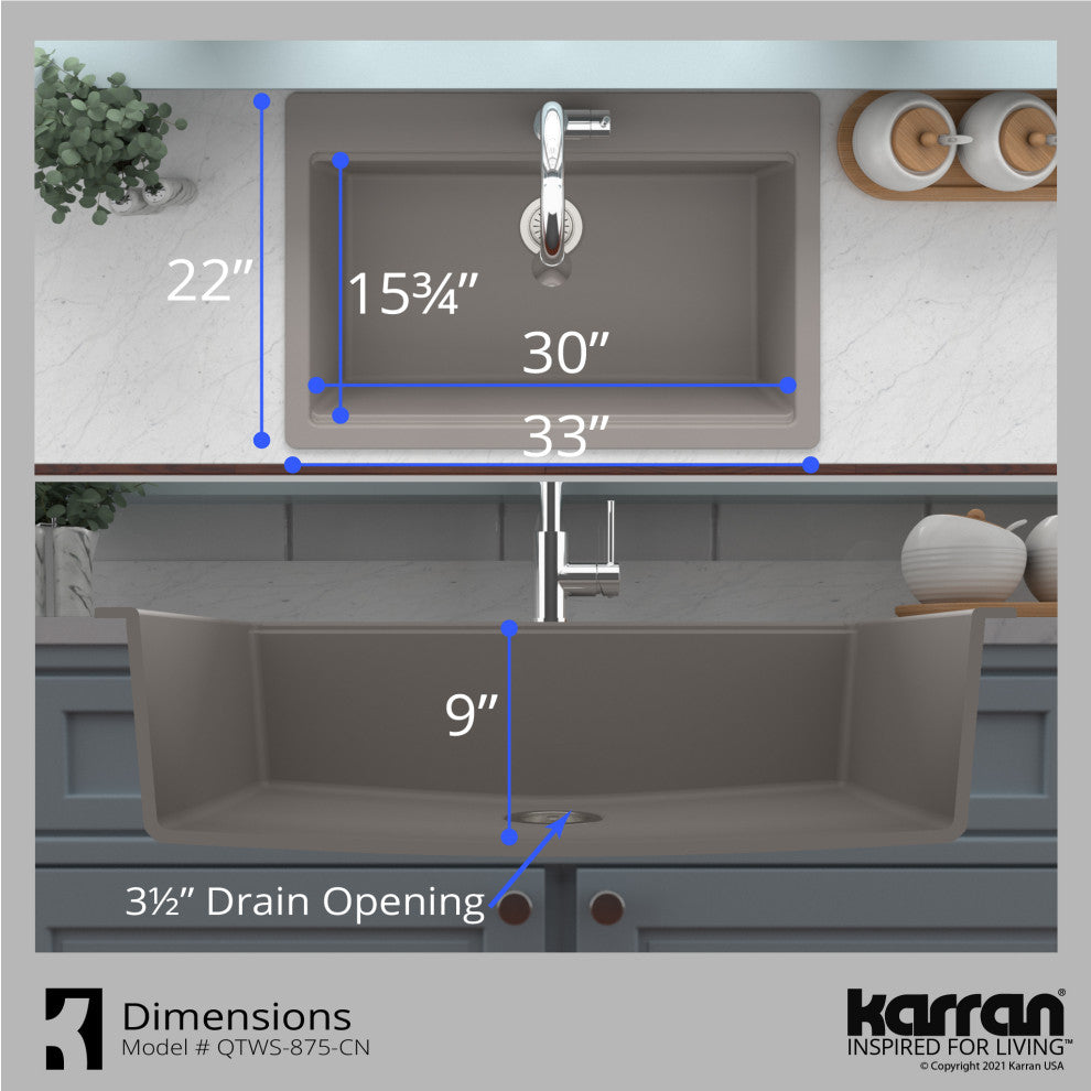 Karran Top Mount 33" Single Bowl Quartz Workstation Kitchen Sink, Concrete