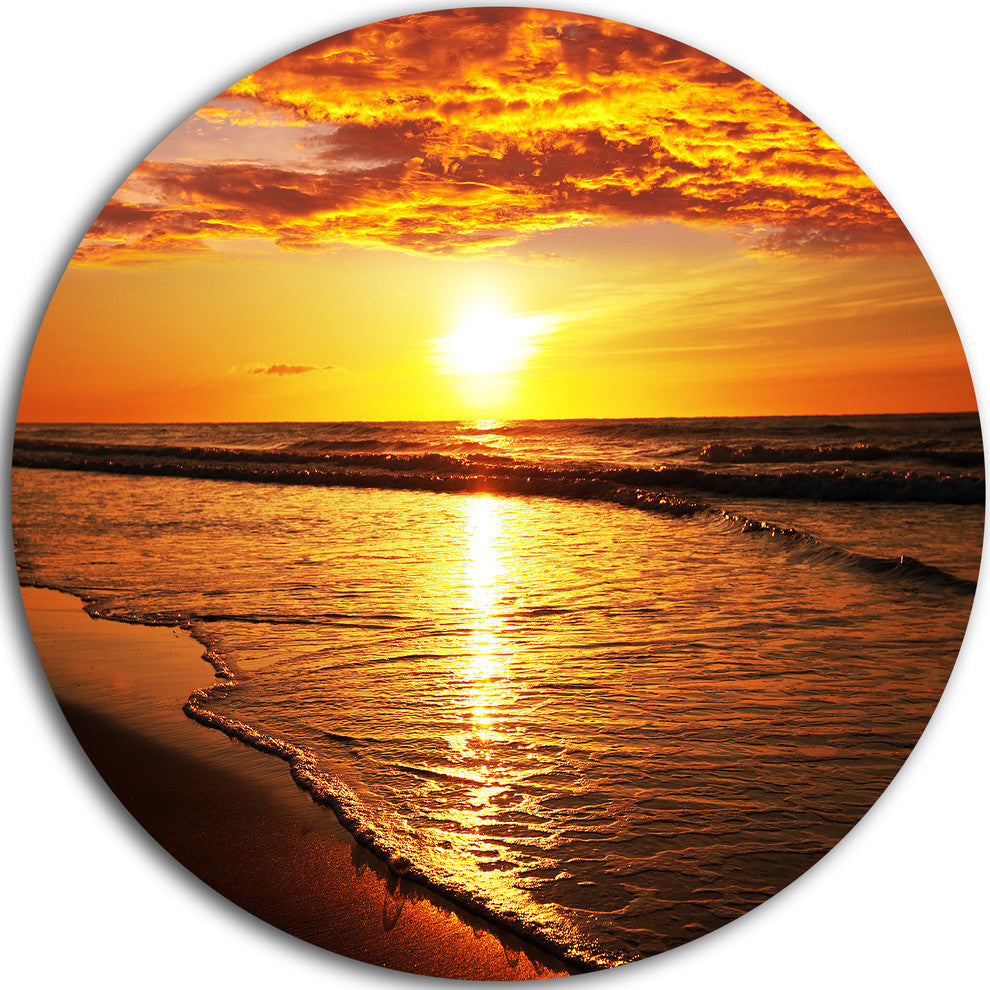 Bright Yellow Sunset Over Waves, Modern Beach Disc Metal Wall Art, 11"