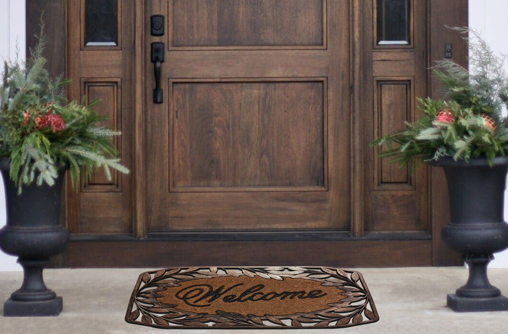 Natural Coir & Rubber 38x23, Thick Durable Doormats, Leaf Border Welcome Bronze