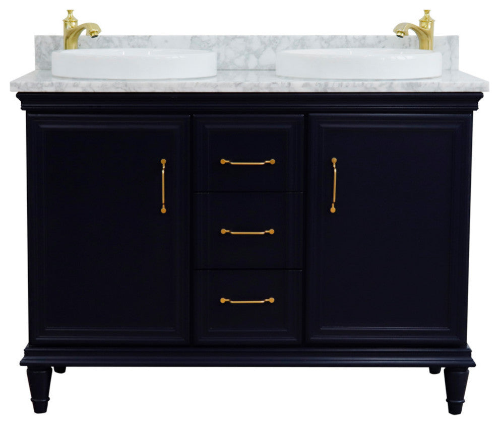 49" Double Vanity, Blue Finish With White Carrara And Round Sink