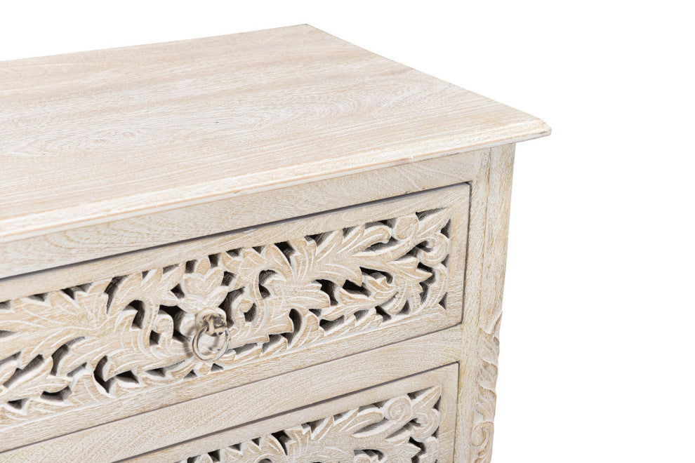 Delaney 3 Drawer Carved Nightstand, Distressed Off-White