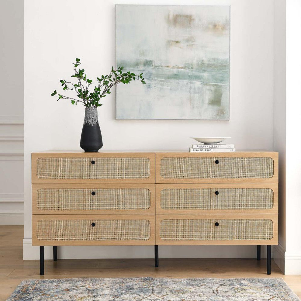 Modway Chaucer 6-Drawer Particleboard and Rattan Dresser in Oak