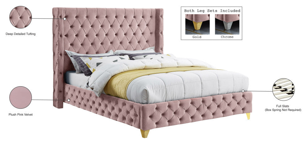 Savan Velvet Upholstered Bed, Pink, Queen