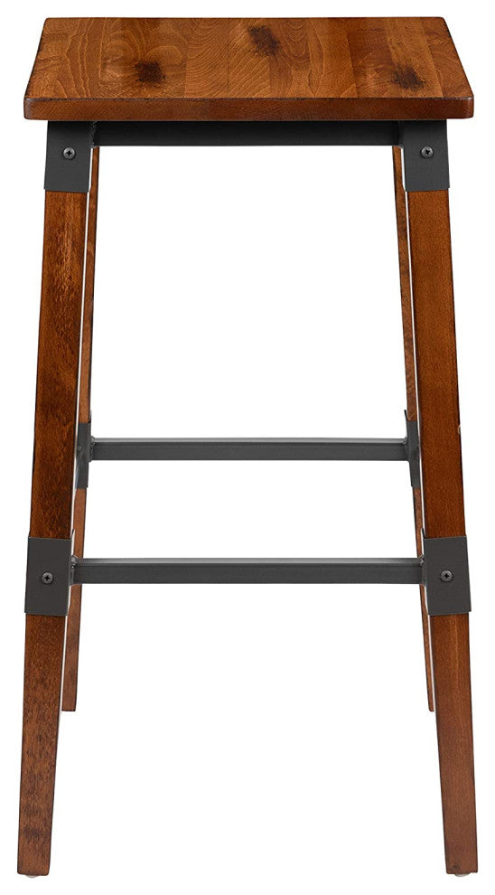 Set of 4 Industrial Bar Stool, Backless Design With Wooden Seat, Antique Walnut