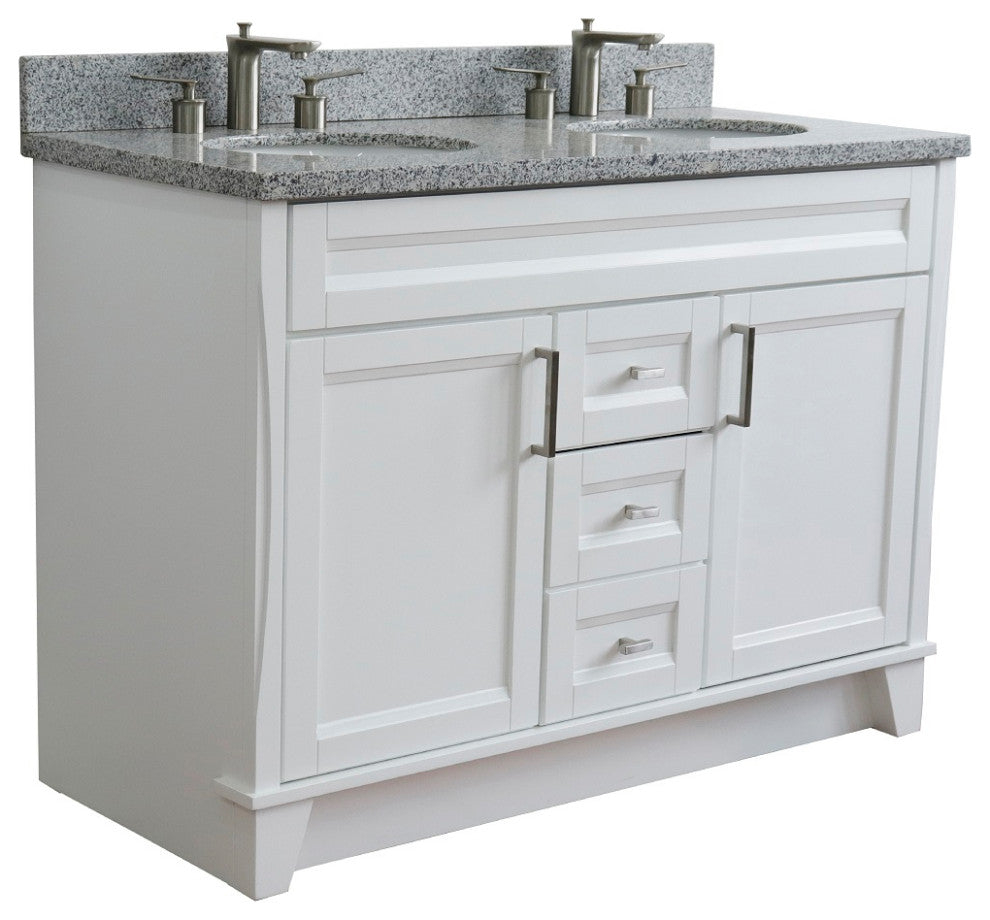 48" Double Sink Vanity, White Finish With Gray Granite And Oval Sink