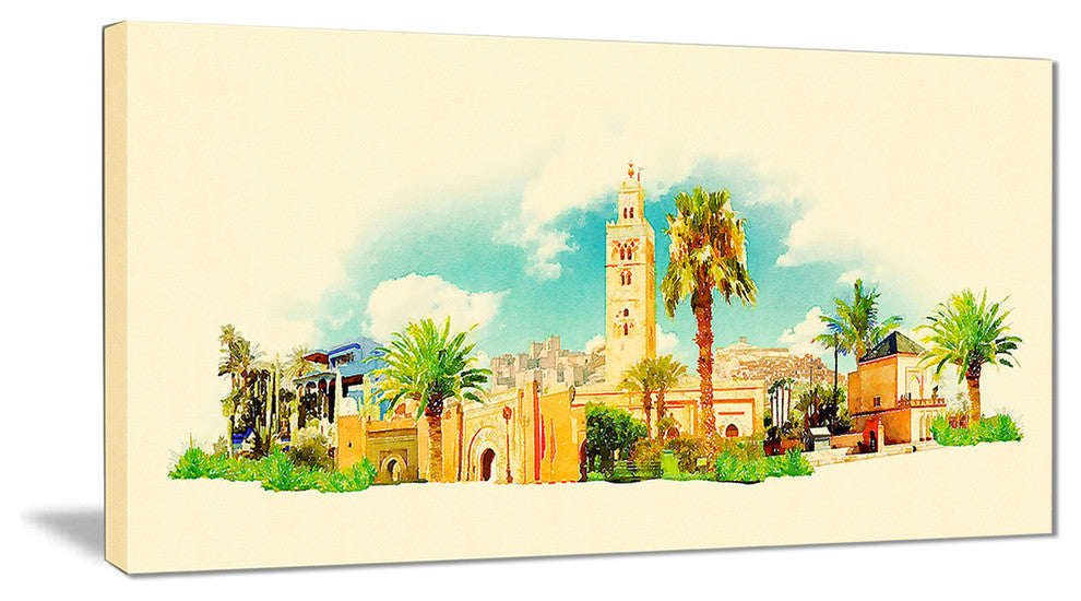 "Marakesh Panoramic View" Cityscape Watercolor Canvas Print, 32"x16"