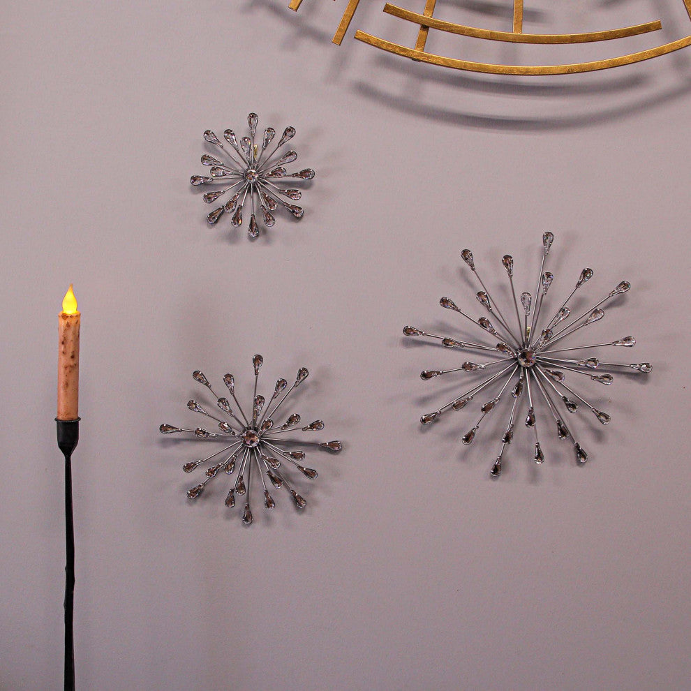 Set of 6 Metal Silver Starburst Wall Sculptures - 12", 9", 6" Diameter