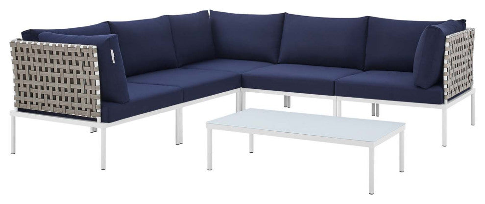 Lounge Sectional Sofa Chair Table Set, Sunbrella, Aluminum, Blue Navy, Outdoor
