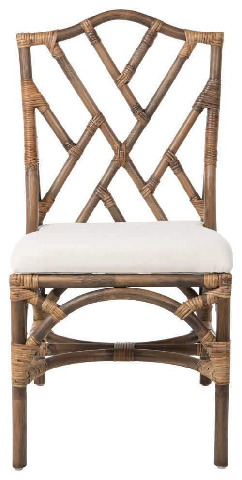 Rattan Chippendale Upholstered Dining Chairs, Antique Brown, Set of 2