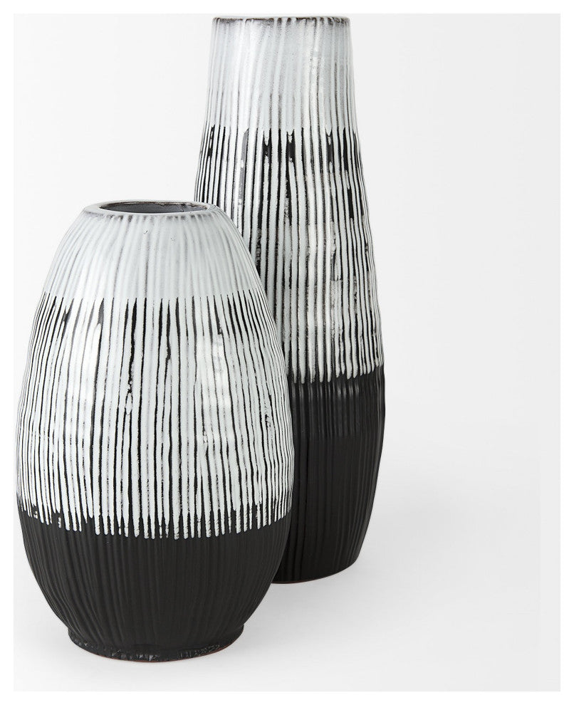13" Black White and Gray Patterned Lines Ceramic Vase
